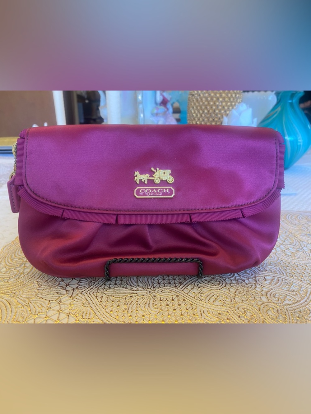 Coach Satin Magenta Wristlet Clutch | Gold Logo | Zip Pouch - Picture 11 of 13